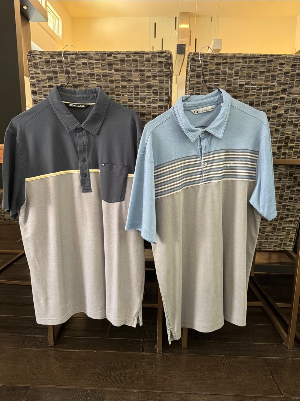 Travis Mathew Two-Tone Polo Pair — Navy & Light Blue with Gray Panels
